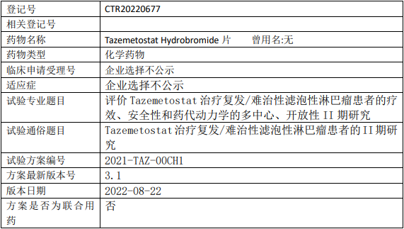 和记黄埔他泽司他临床试验,他泽司他(TazemetostatHydrobromide、Tazverik、达唯珂)治疗复发/难治性滤泡性淋巴瘤疗效、安全性和药代动力学的II期临床试验