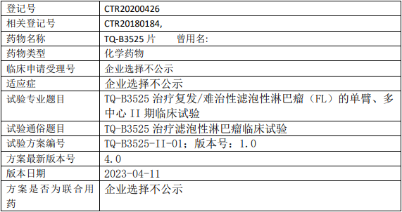 正大天晴TQB3525临床试验,TQ-B3525片治疗复发/难治性滤泡性淋巴瘤(FL)单臂、多中心的II期临床试验