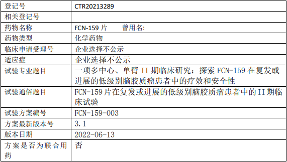 复星/复创医药FCN-159临床试验,探索FCN-159片治疗复发或进展的低级别脑胶质瘤疗效和安全性的II期临床试验