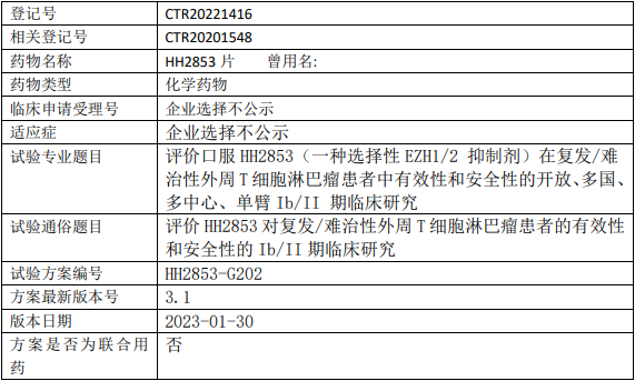 海和药物HH2853临床试验,评价口服选择性EZH1/2抑制剂HH2853片治疗复发/难治性外周T细胞淋巴瘤中有效性和安全性的Ib/II期临床试验