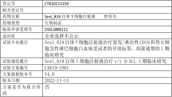 森朗生物Senl_B19临床试验,Senl_B19自体T细胞注射液治疗复发/难治性CD19阳性B细胞急性淋巴细胞白血病开放标签、剂量递增的I期临床试验
